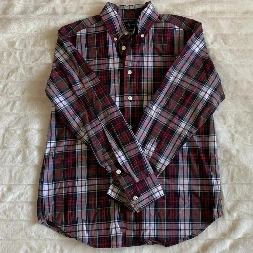 Polo Ralph Lauren Boys Red Green Plaid Button Down Shirt M 12/14 Long Sleeve